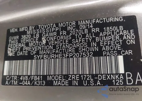 2015 Toyota Corolla Le z USA, uszkodzony, nr VIN 5YFBURHE3FP207532